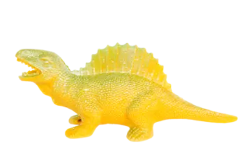 a yellow toy dinosaur on a white background