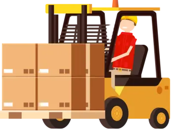 a man driving a fork truck with boxes on the back