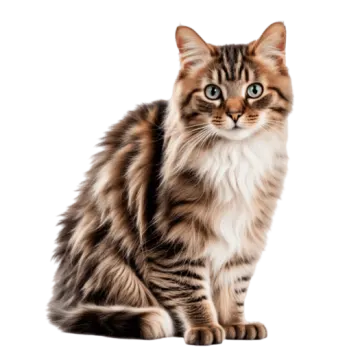 a brown and black cat sitting on a white background
