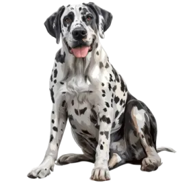 a black and white dog sitting on the ground
