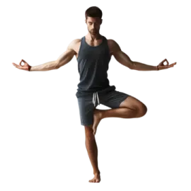 a man in a black tank top and shorts doing yoga