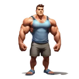 a man in a blue tank top and gray shorts