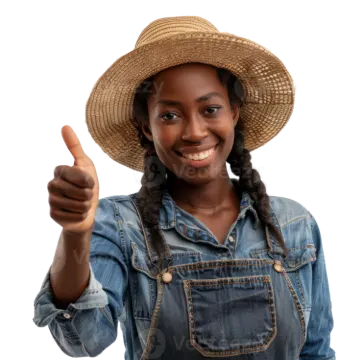 a woman wearing a straw hat and giving a thumbs