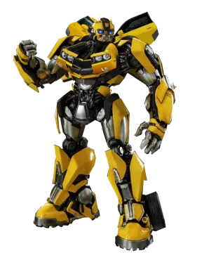 a yellow and black robot standing on a white background