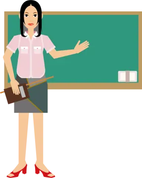 a female teacher standing in front of a blackboard