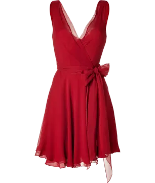 a red dress with a bow at the waist
