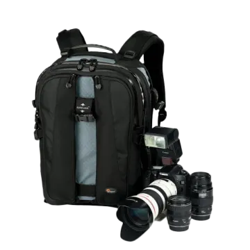 a camera backpack with two lenses and a lens