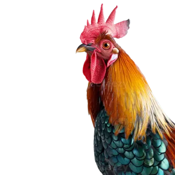 a close up of a rooster on a white background