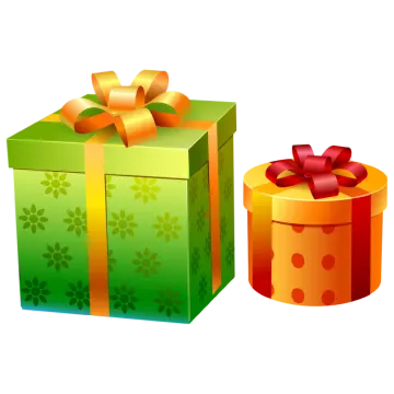 a green and orange gift box with a red bow