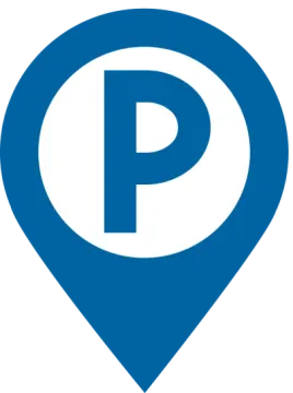 a blue pin with the letter p on it