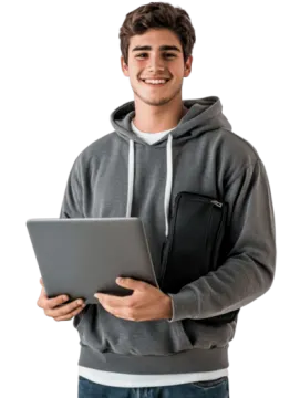 a man in a hoodie holding a laptop