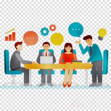 a group of people sitting at a table with speech bubbles