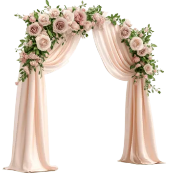 a wedding arch with pink roses and greene