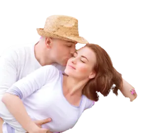 a man kissing a woman on the cheek