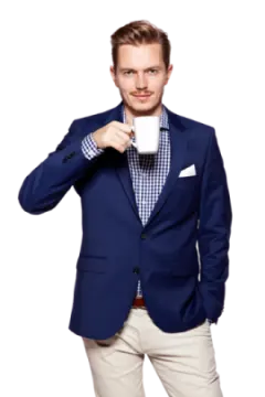 a man in a blue jacket and white shirt holding a cup