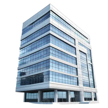 an office building with glass windows on a white background