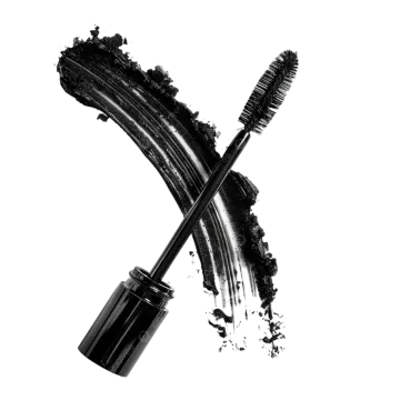 a mascara brush and mascara tube on white background