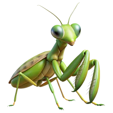 a green praying mantis on a white background