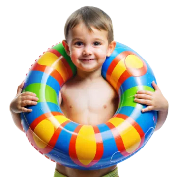 a little boy holding an inflatable