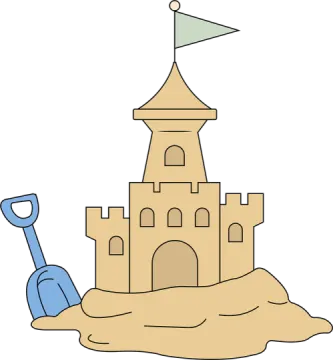 a sand castle with shovel and flag