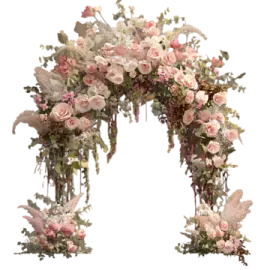 a floral arch with pink and white flowers