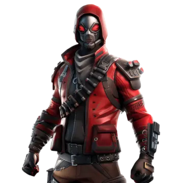 a man in a red and black outfit holding a gun