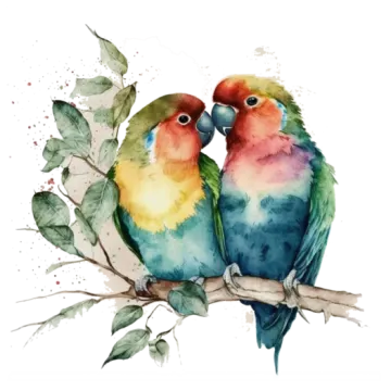 two birds sitting on a branch with leaves
