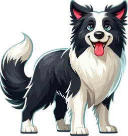 a black and white dog with its tongue out