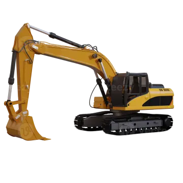 a yellow exor digger machine on a white background