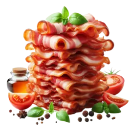 a pile of sliced bacon and tomato slices