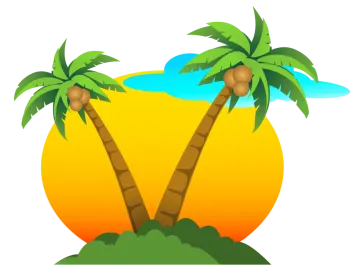 two palm trees in front of an orange sun
