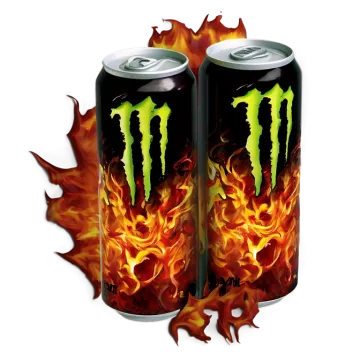 two cans of monster energy drink on fire