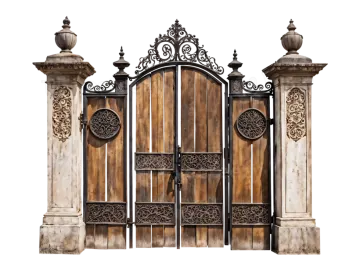 a wooden gate with ornate carvings on it
