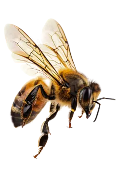 a bee flying in the air on a white background