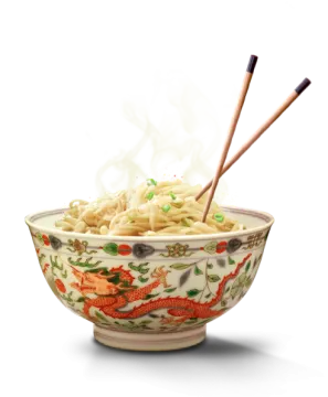 a bowl of noodles with chops in it