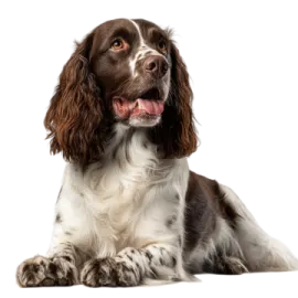 a brown and white dog laying down on the ground