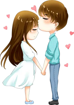 a boy and girl kissing in front of hearts