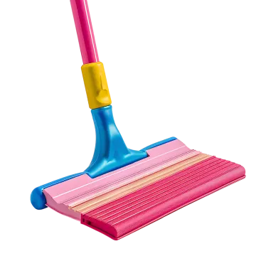 a pink and blue broom with a yellow handle