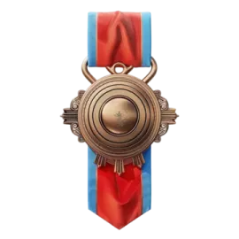 a gold medal with a red ribbon around it