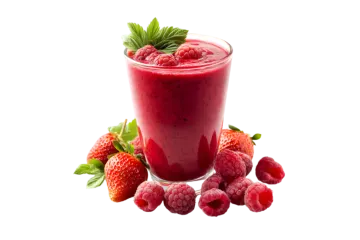 a glass filled with berries and rass