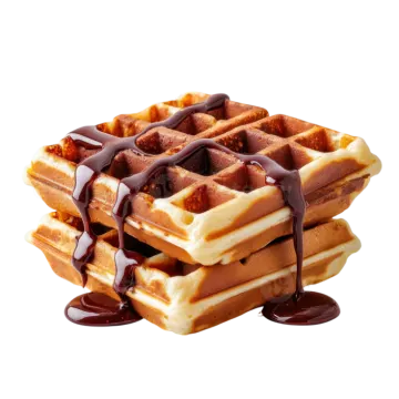 a stack of was with chocolate sauce on top