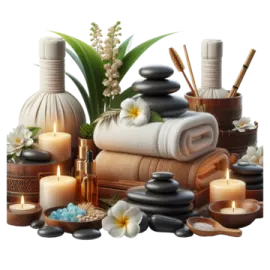 a pile of spa items with candles and towels