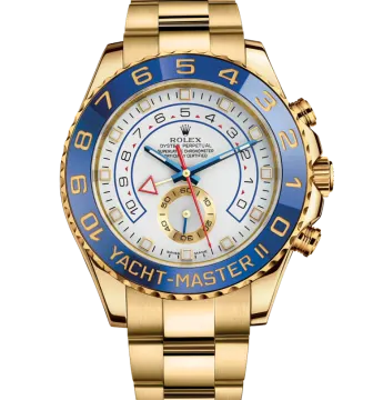 a gold watch with a blue dial