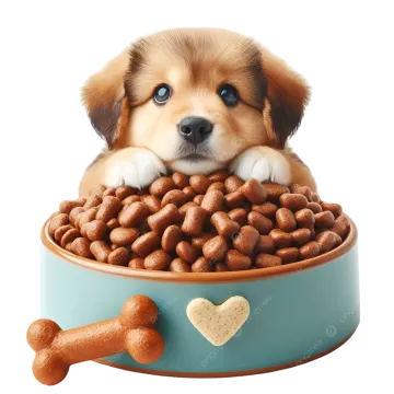 a puppy is sitting in a bowl full of dog food