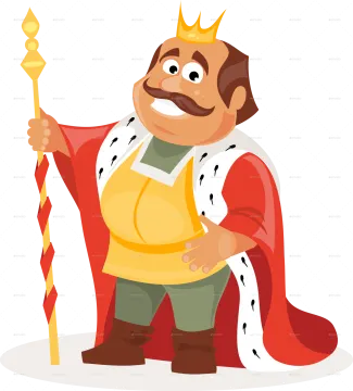 a cartoon character of a king with a golden crown on his head and a red cloak around his neck