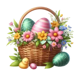 a basket filled with easter eggs and flowers