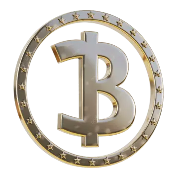 a gold and silver bit coin with stars around it