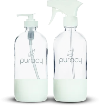 two bottles of liquid and a spray on a white background