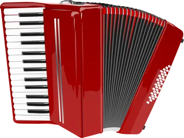 a red accordion with white keys