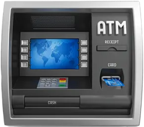 an atm machine with a blue screen